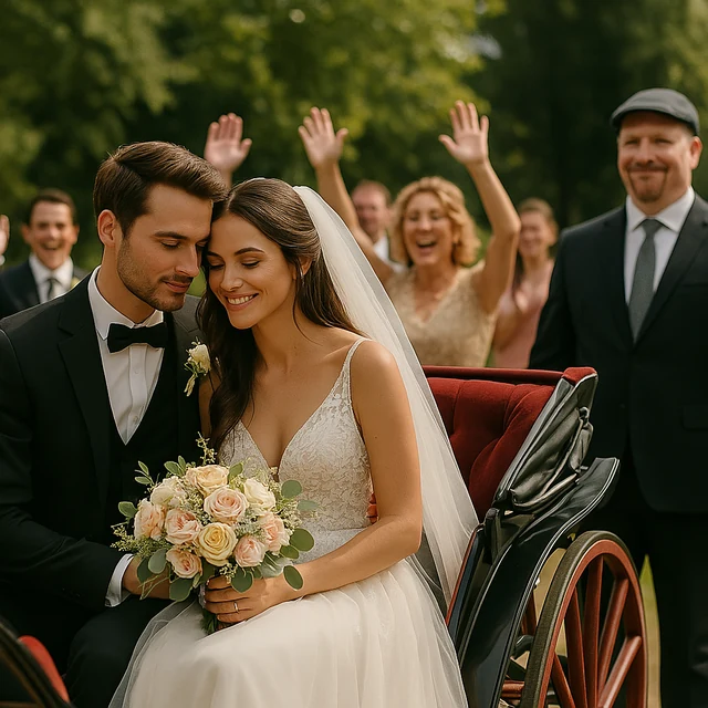 Brautpaar in einer Hochzeitskutsche